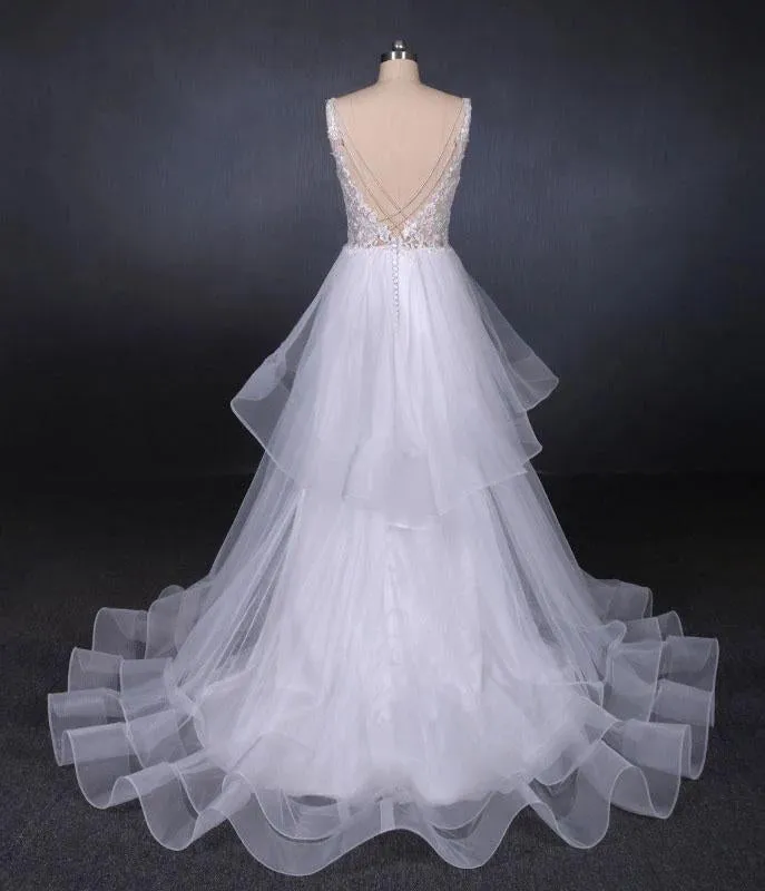 Elegant V-neck Tulle Open Back Wedding Dresses, Asymmetrical Long Bridal Dresses SWK15217