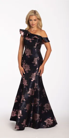 Floral Brocade One Shoulder Trumpet Dress