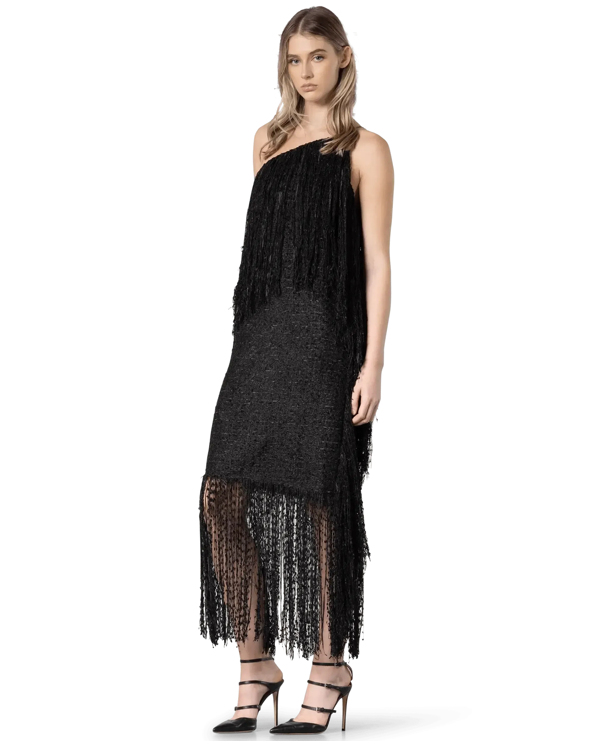 Fringe-Detailed One Shoulder Dress