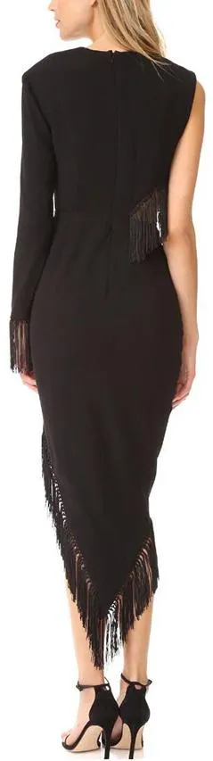 Fringed Black Asymmetrical Evening Dress