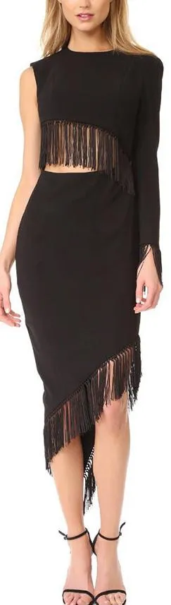 Fringed Black Asymmetrical Evening Dress