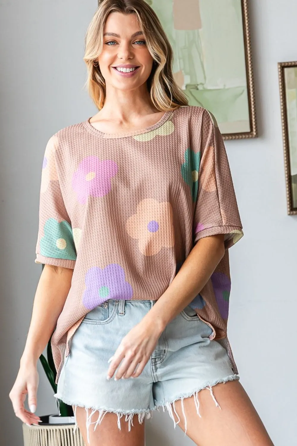 Full Size Floral Round Neck Side Slit Waffle T-Shirt