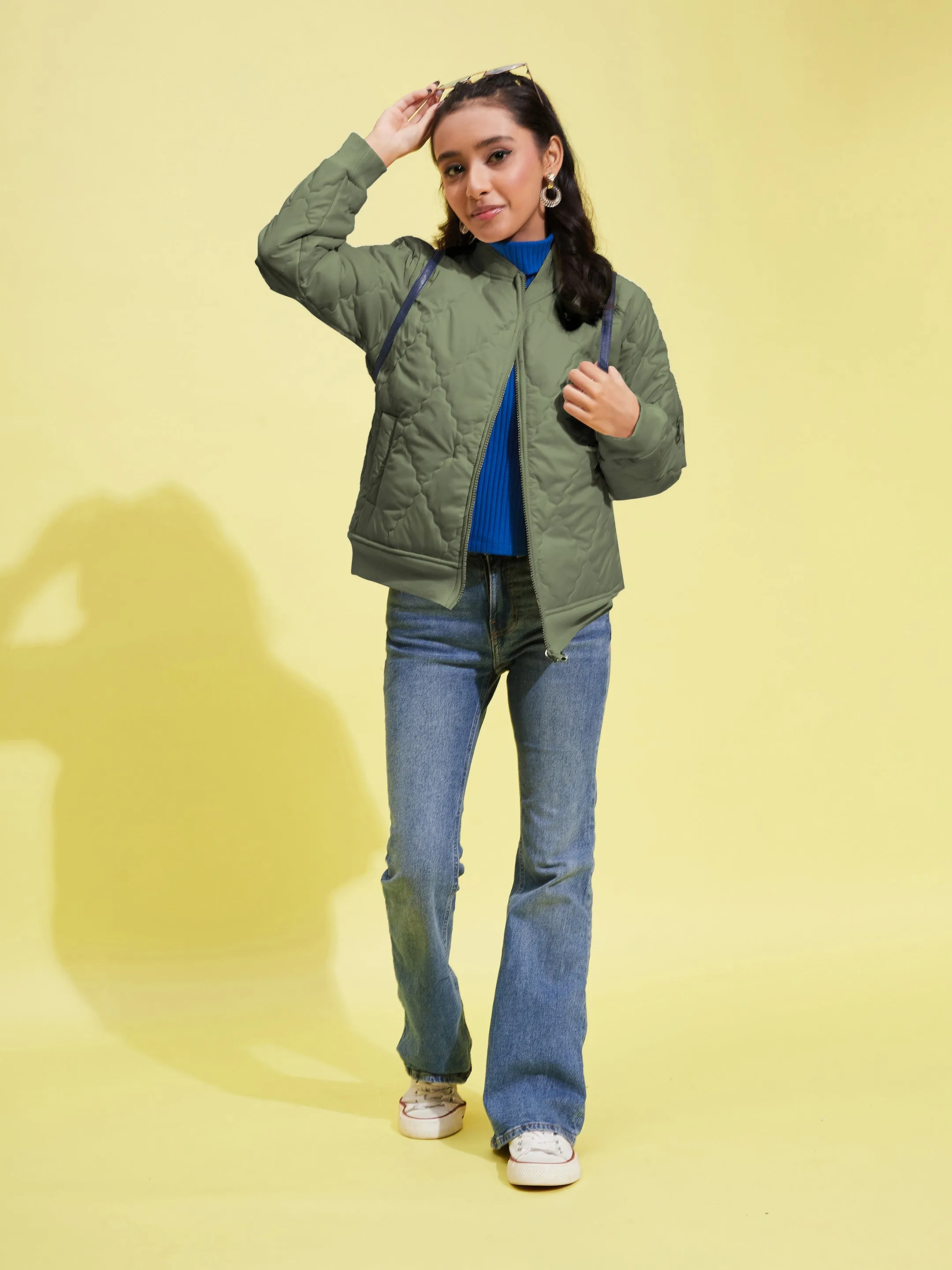 Girls Olive Quilted Bomber Jacket