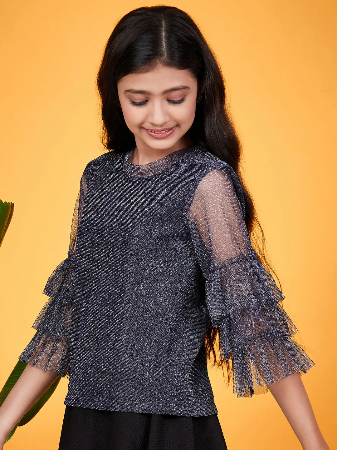 Girls Shimmer Round Neck Layered Sleeves Regular Top - Ps Peaches