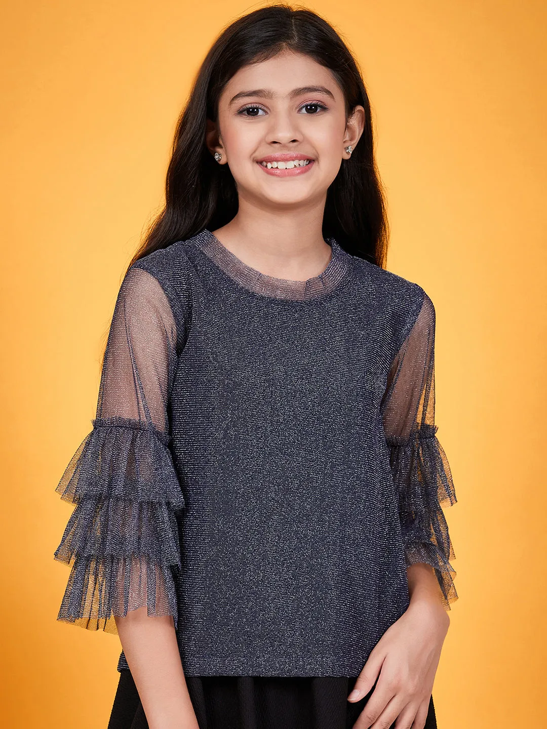 Girls Shimmer Round Neck Layered Sleeves Regular Top - Ps Peaches