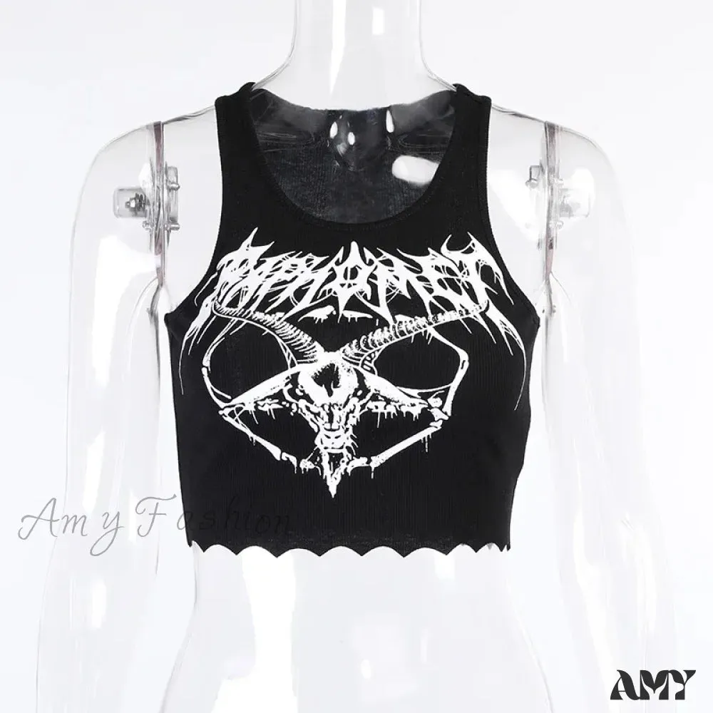 Gothic Crop Goat Top Knitted Grunge Print Punk Black