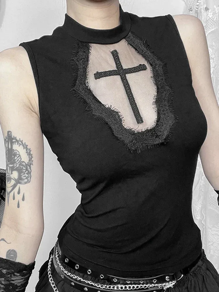 Gothic Dark Cross Mesh Patchwork See Through Grunge Alternative Crop Top