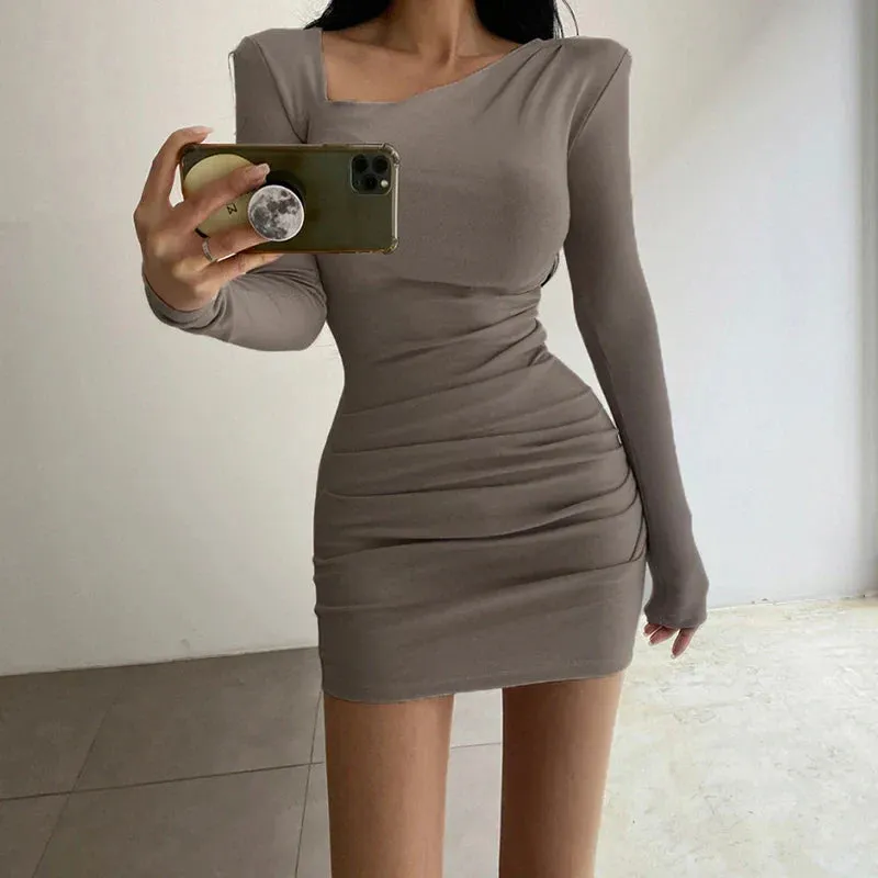 Grey Asymmetrical Fold Skinny Long Sleeve Dress