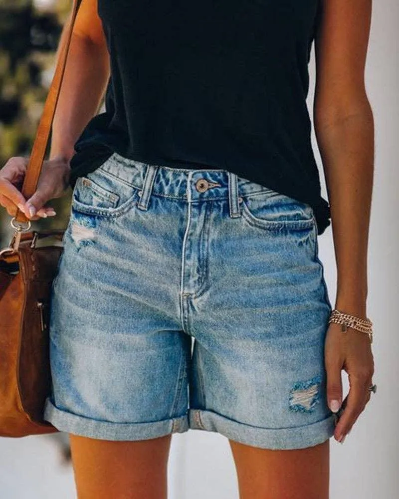 High Waist Folded Hem Denim Shorts SKS6627