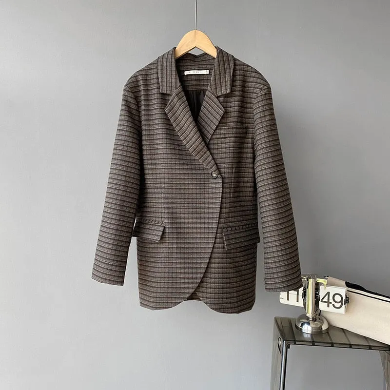 [Korean Style] High Quality Single Breasted Cropped Plaid Blazer