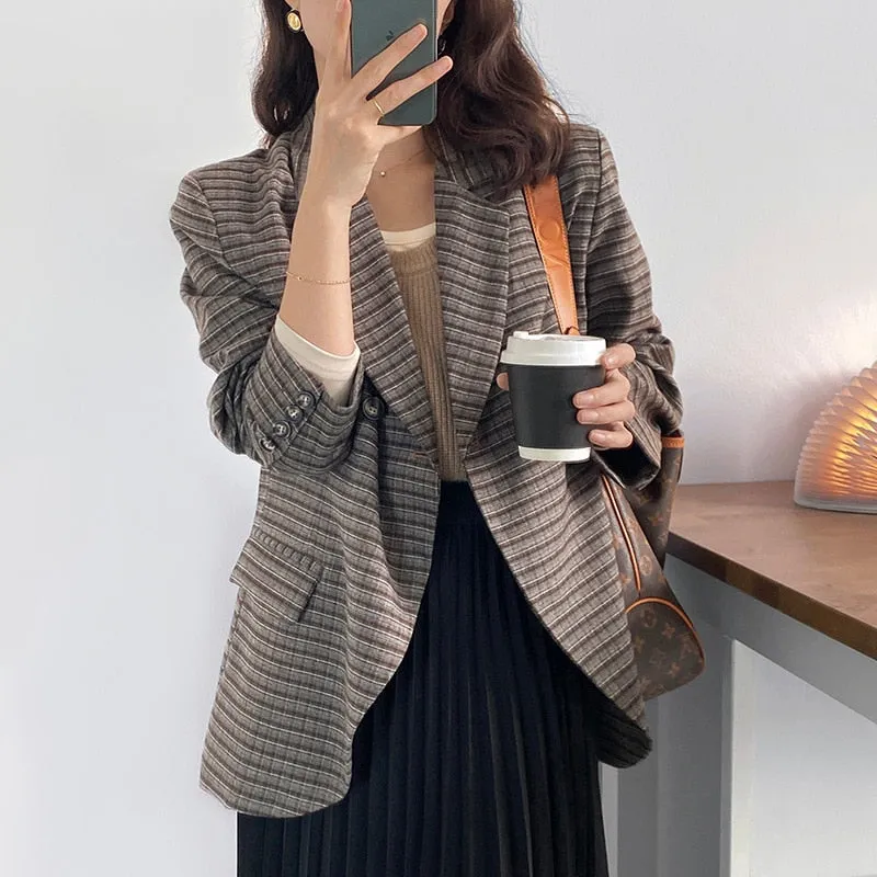 [Korean Style] High Quality Single Breasted Cropped Plaid Blazer