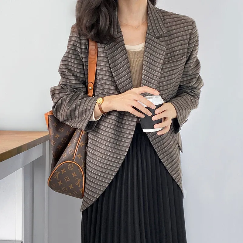 [Korean Style] High Quality Single Breasted Cropped Plaid Blazer