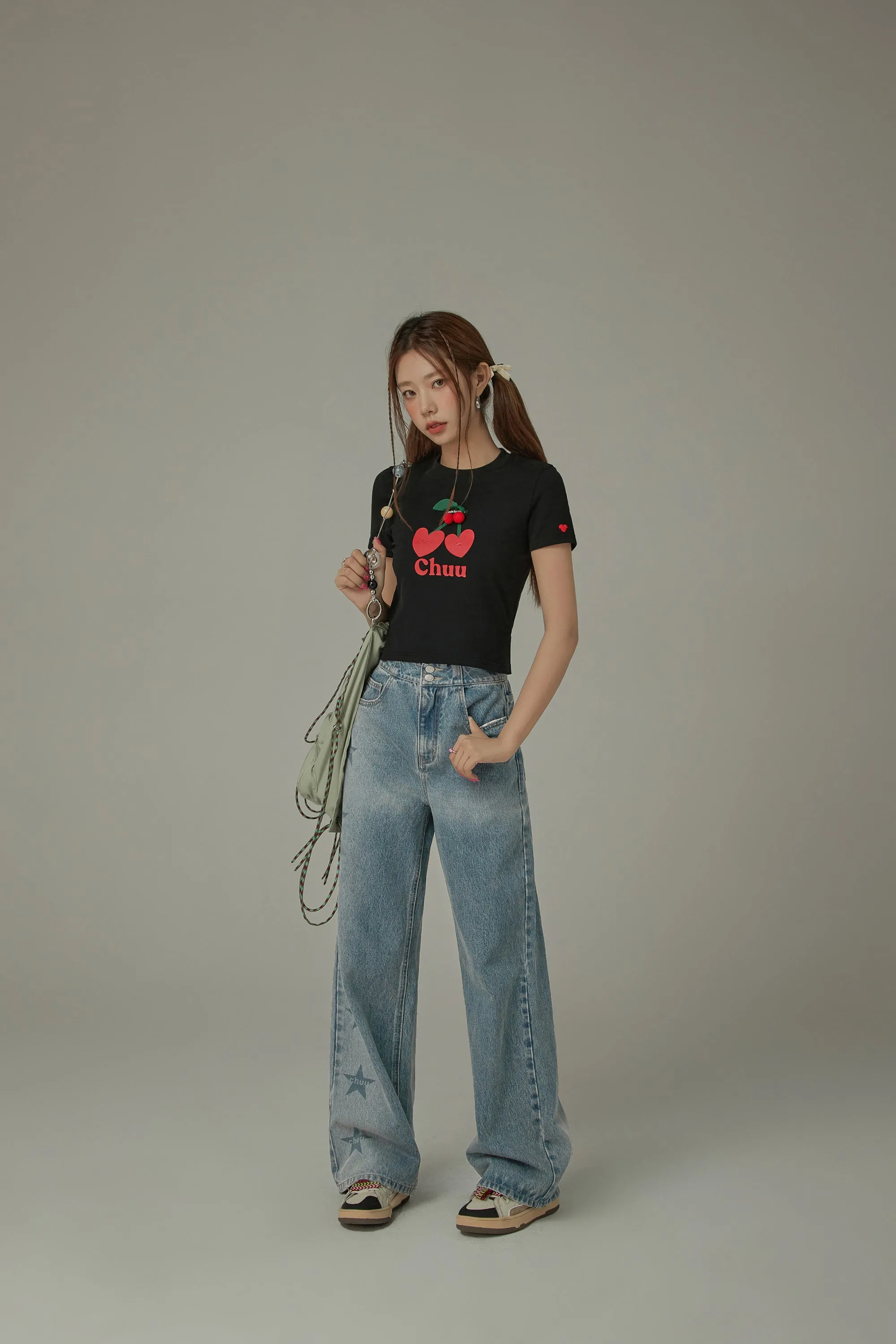 Logo Heart Cherry Printed Slit Short Sleeve T-Shirt