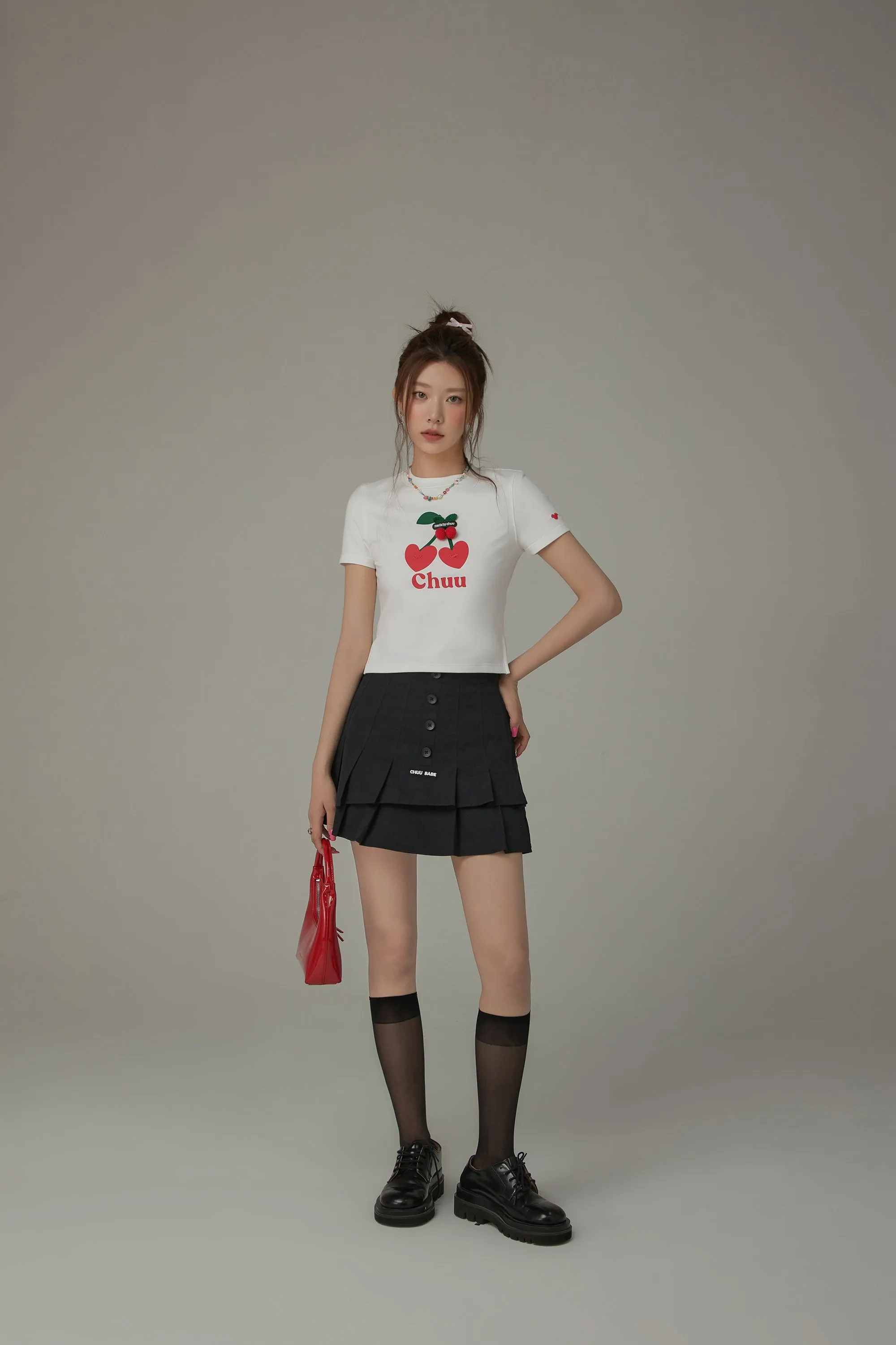 Logo Heart Cherry Printed Slit Short Sleeve T-Shirt