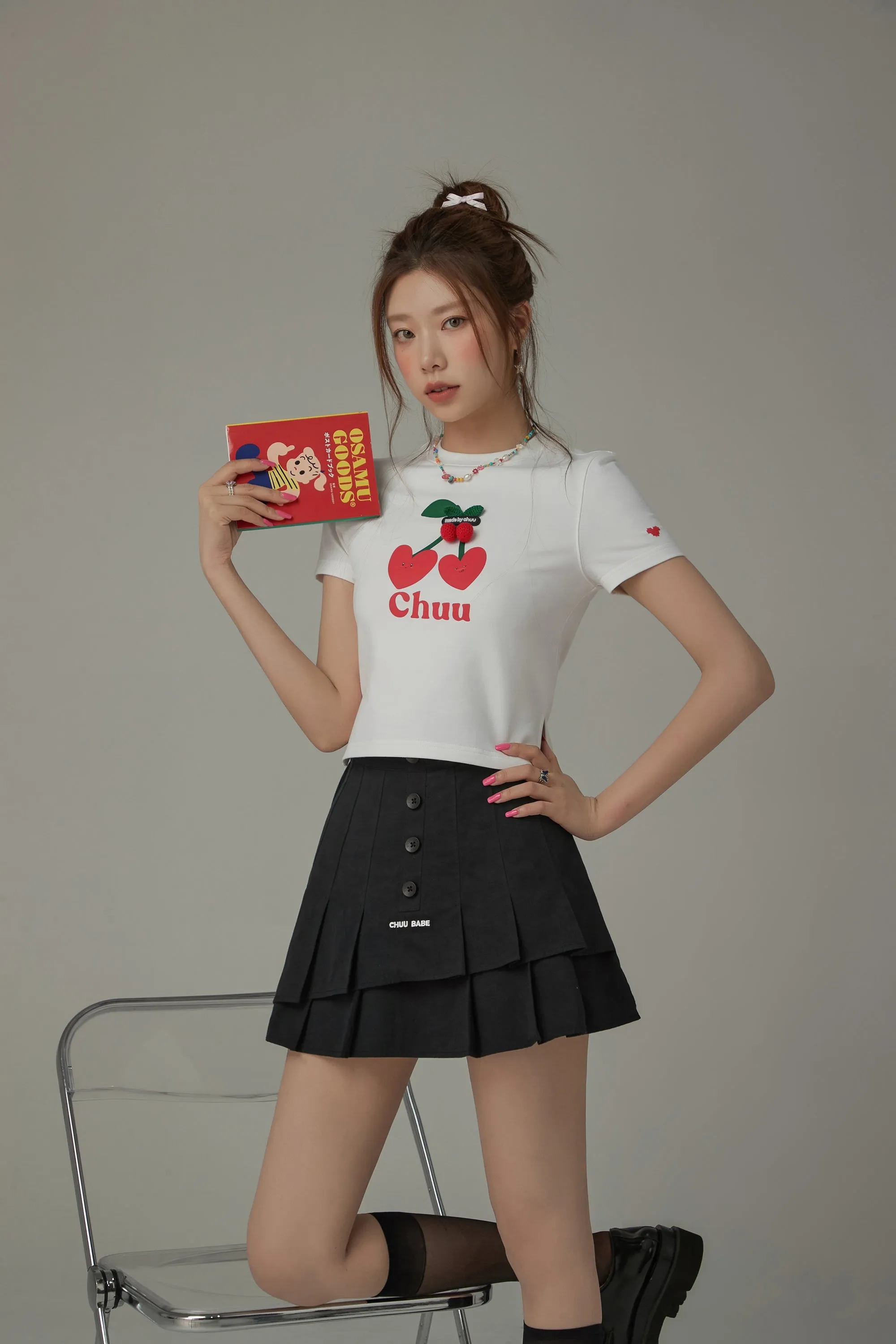 Logo Heart Cherry Printed Slit Short Sleeve T-Shirt