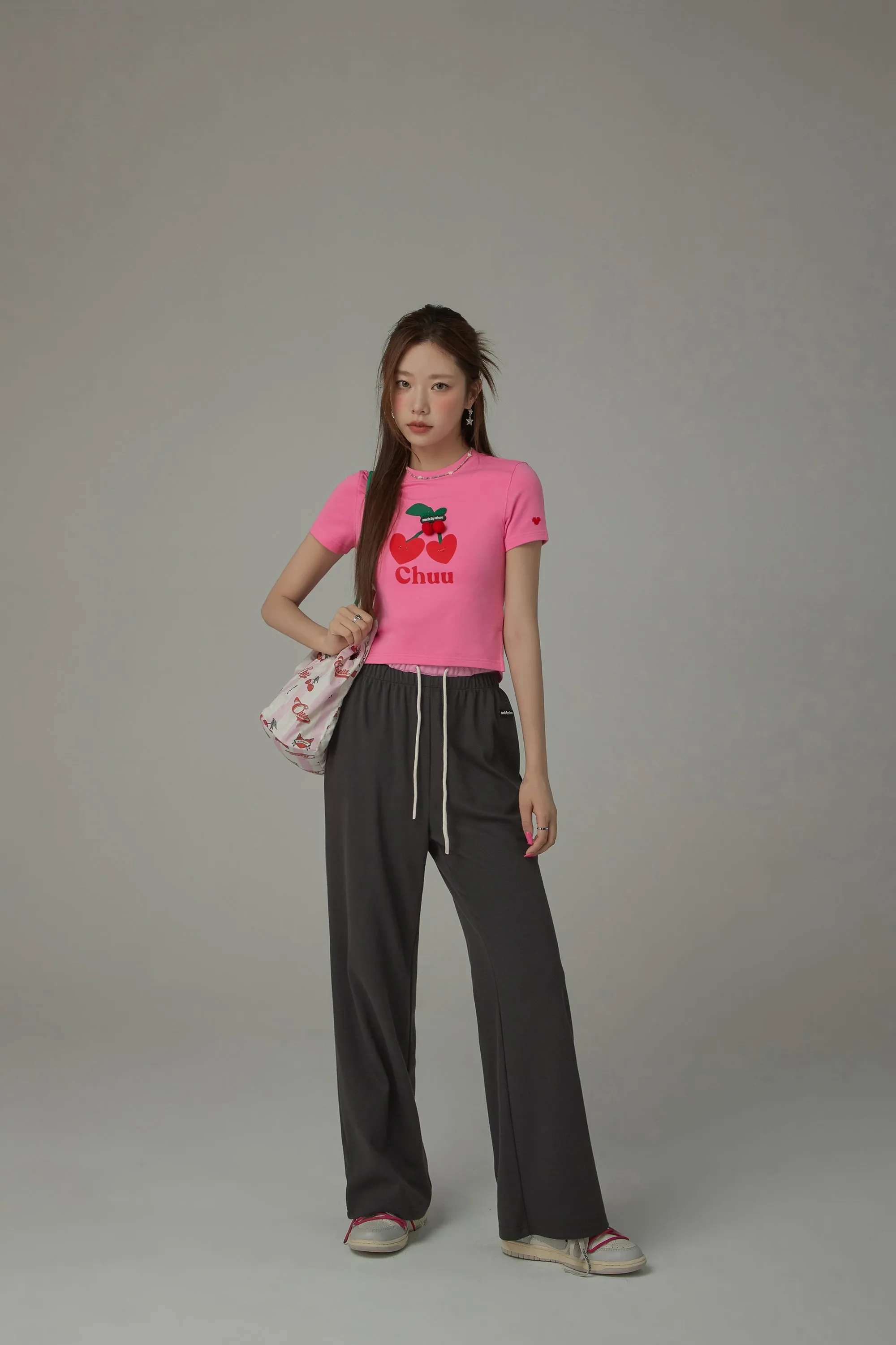 Logo Heart Cherry Printed Slit Short Sleeve T-Shirt