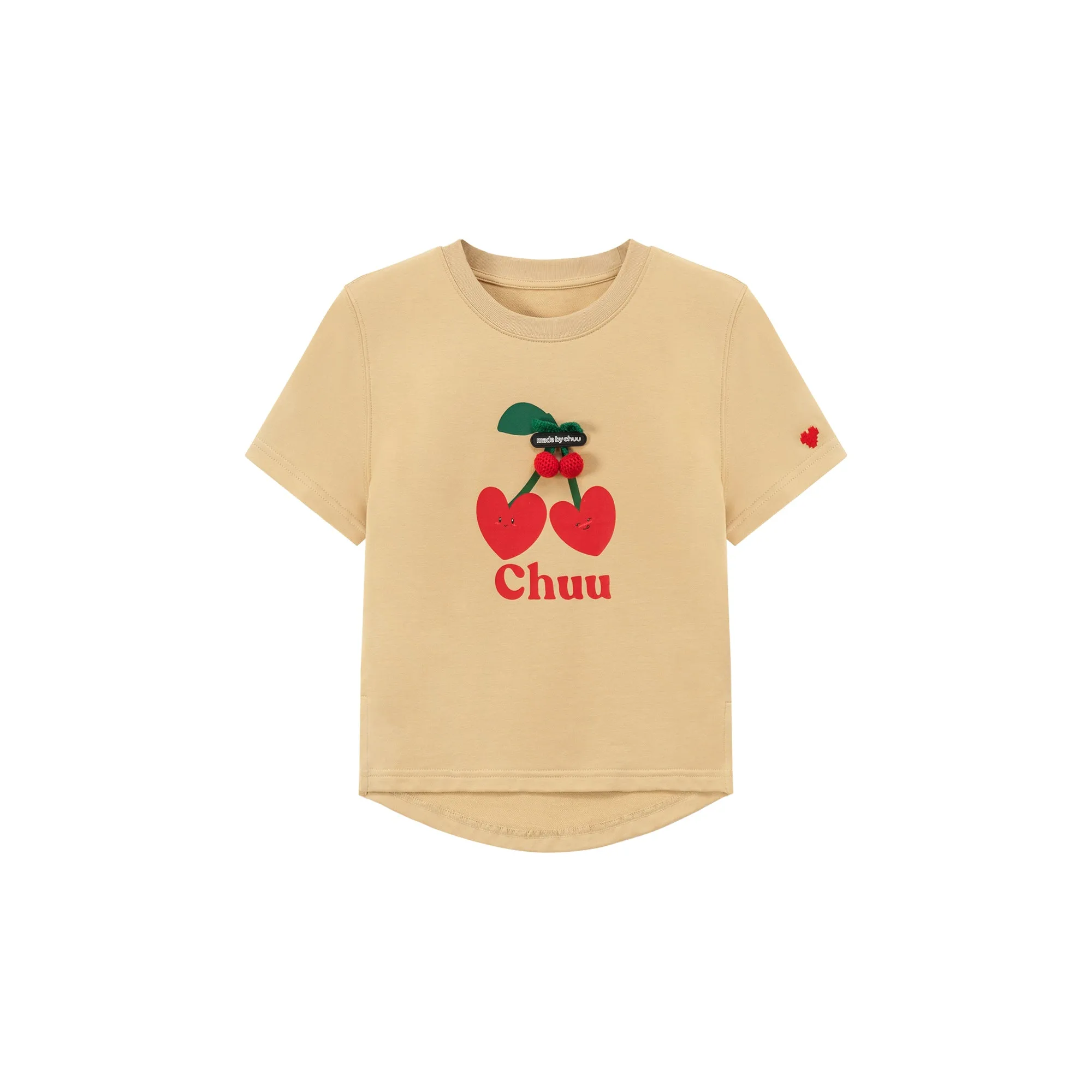 Logo Heart Cherry Printed Slit Short Sleeve T-Shirt