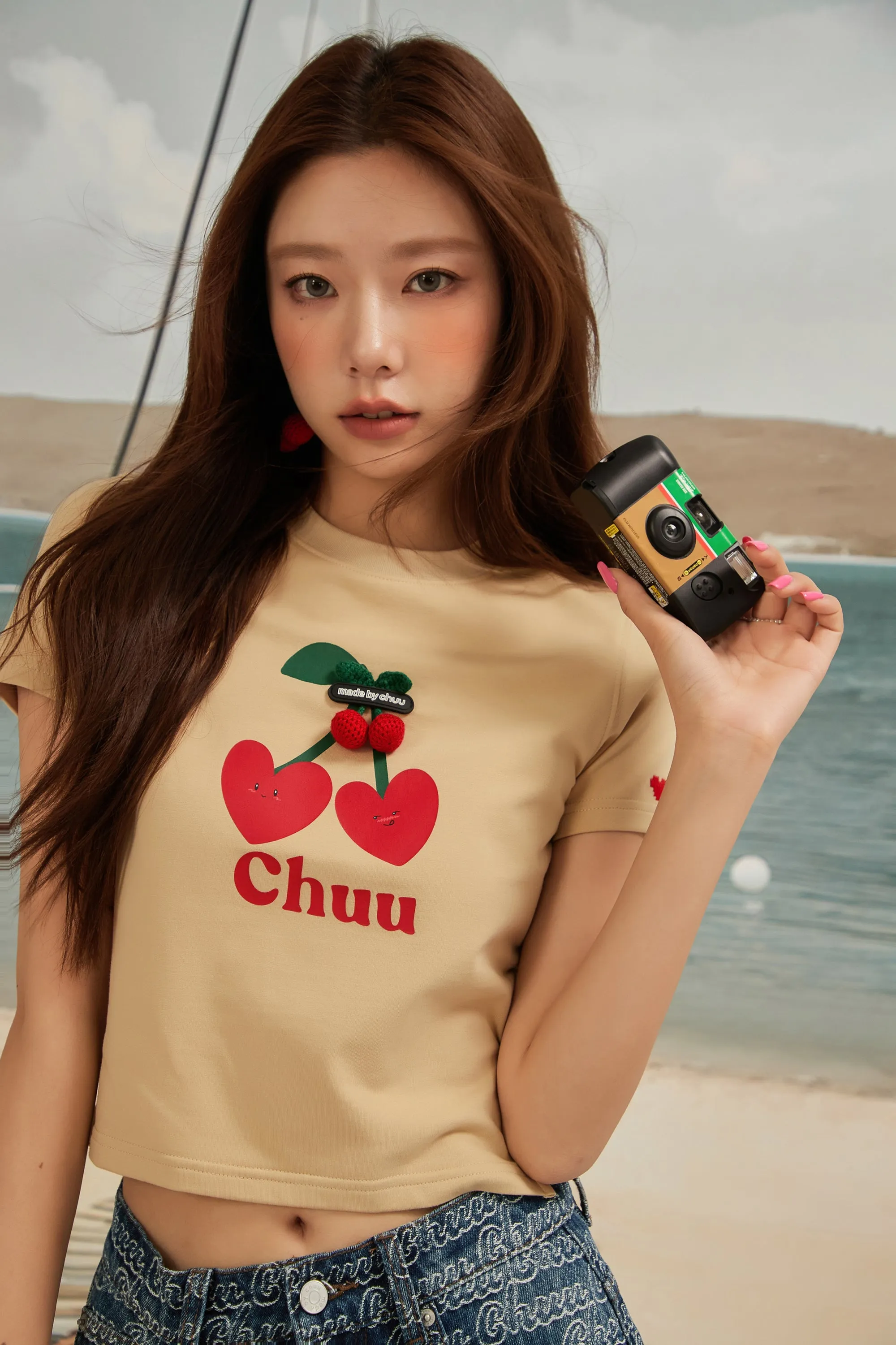 Logo Heart Cherry Printed Slit Short Sleeve T-Shirt