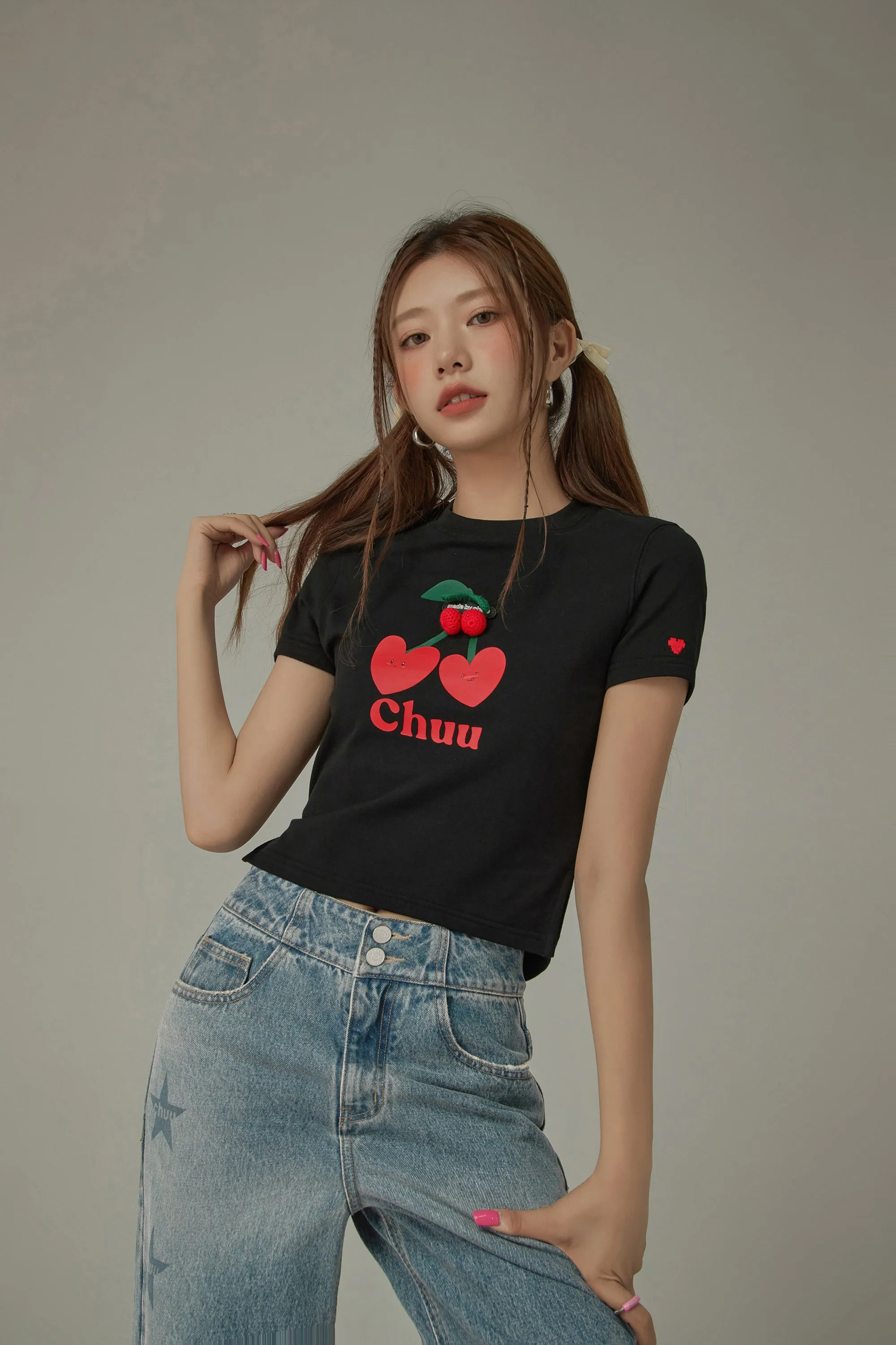 Logo Heart Cherry Printed Slit Short Sleeve T-Shirt