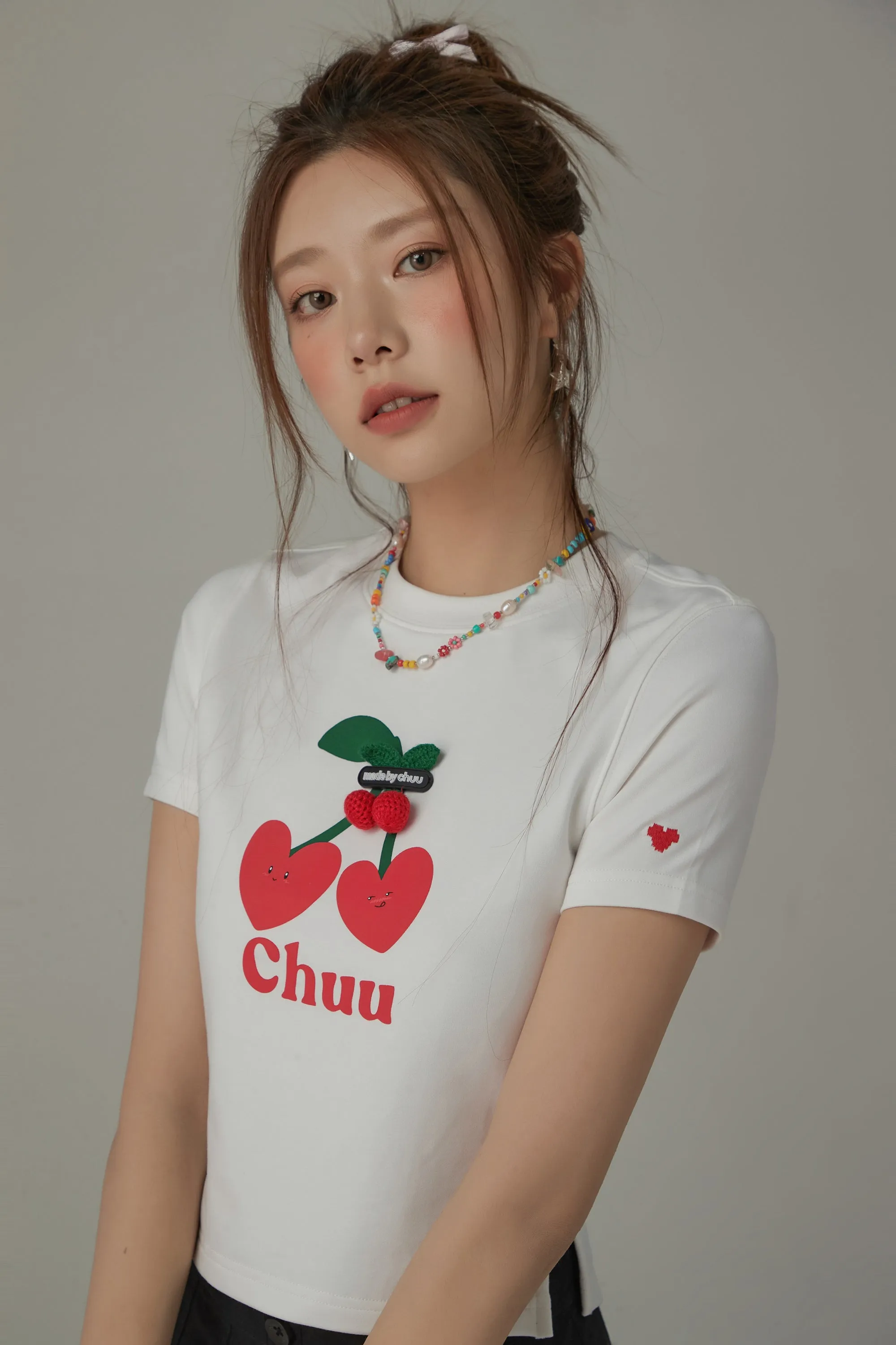 Logo Heart Cherry Printed Slit Short Sleeve T-Shirt