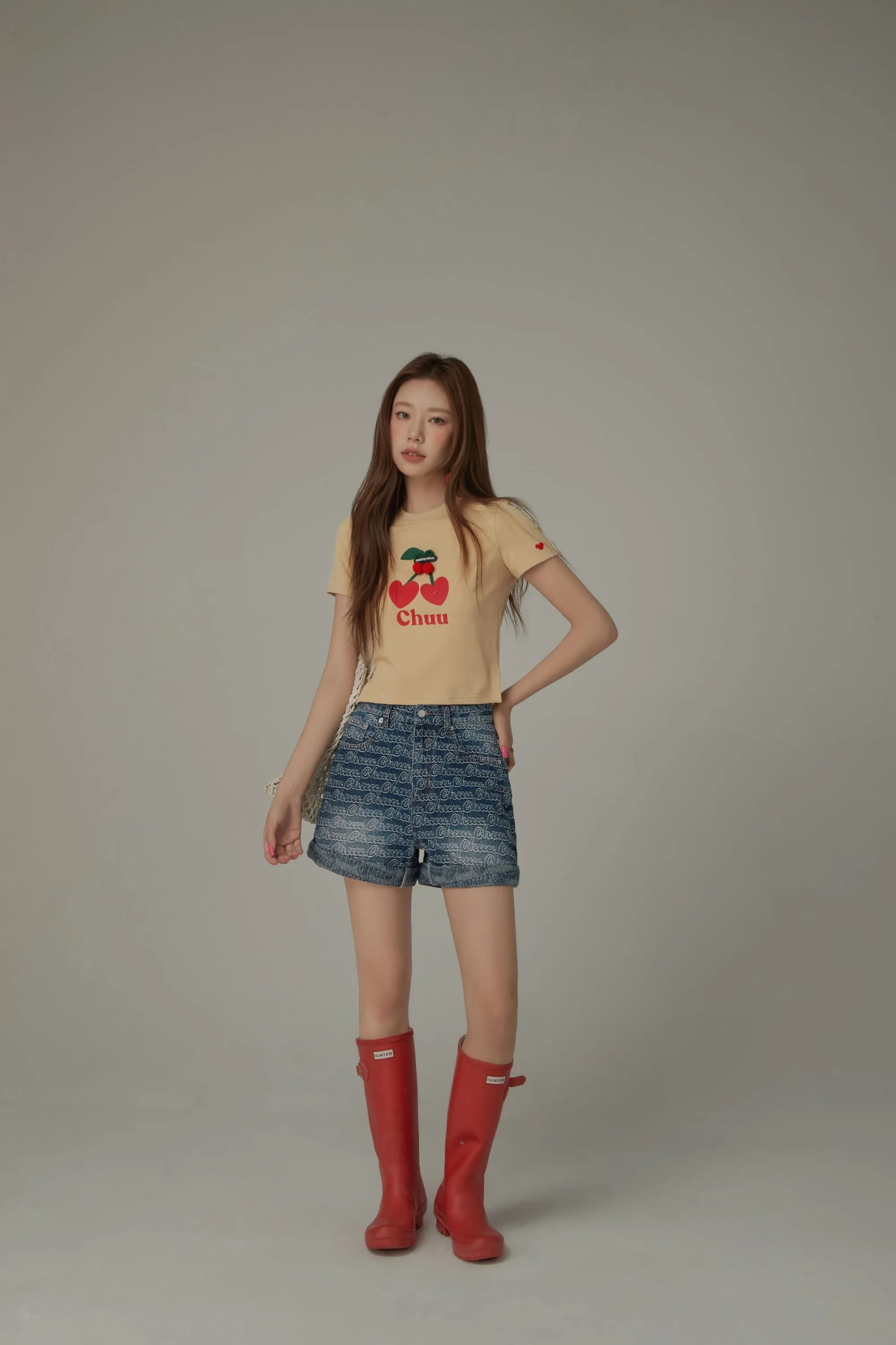 Logo Heart Cherry Printed Slit Short Sleeve T-Shirt