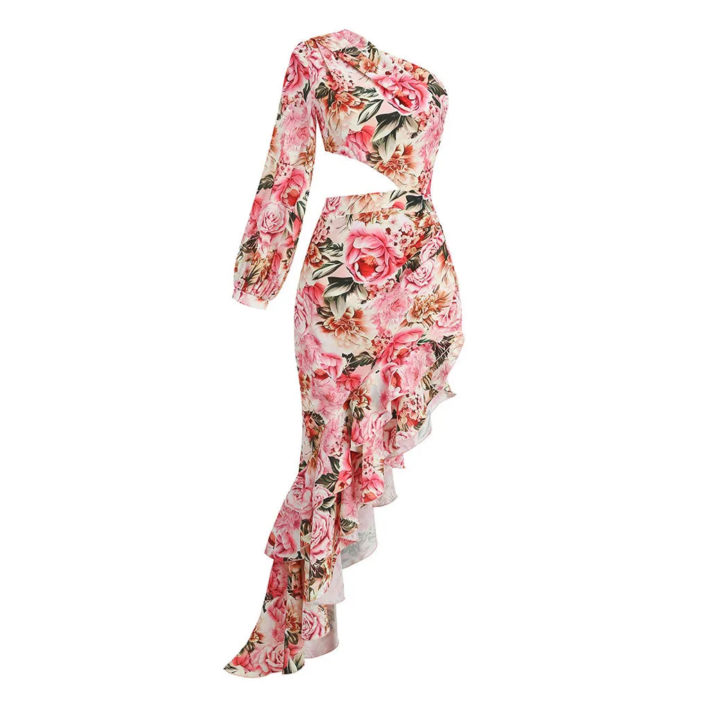 Luxury One Shoulder CutOut Satin Ruffle Floral Evening Dress - Pink