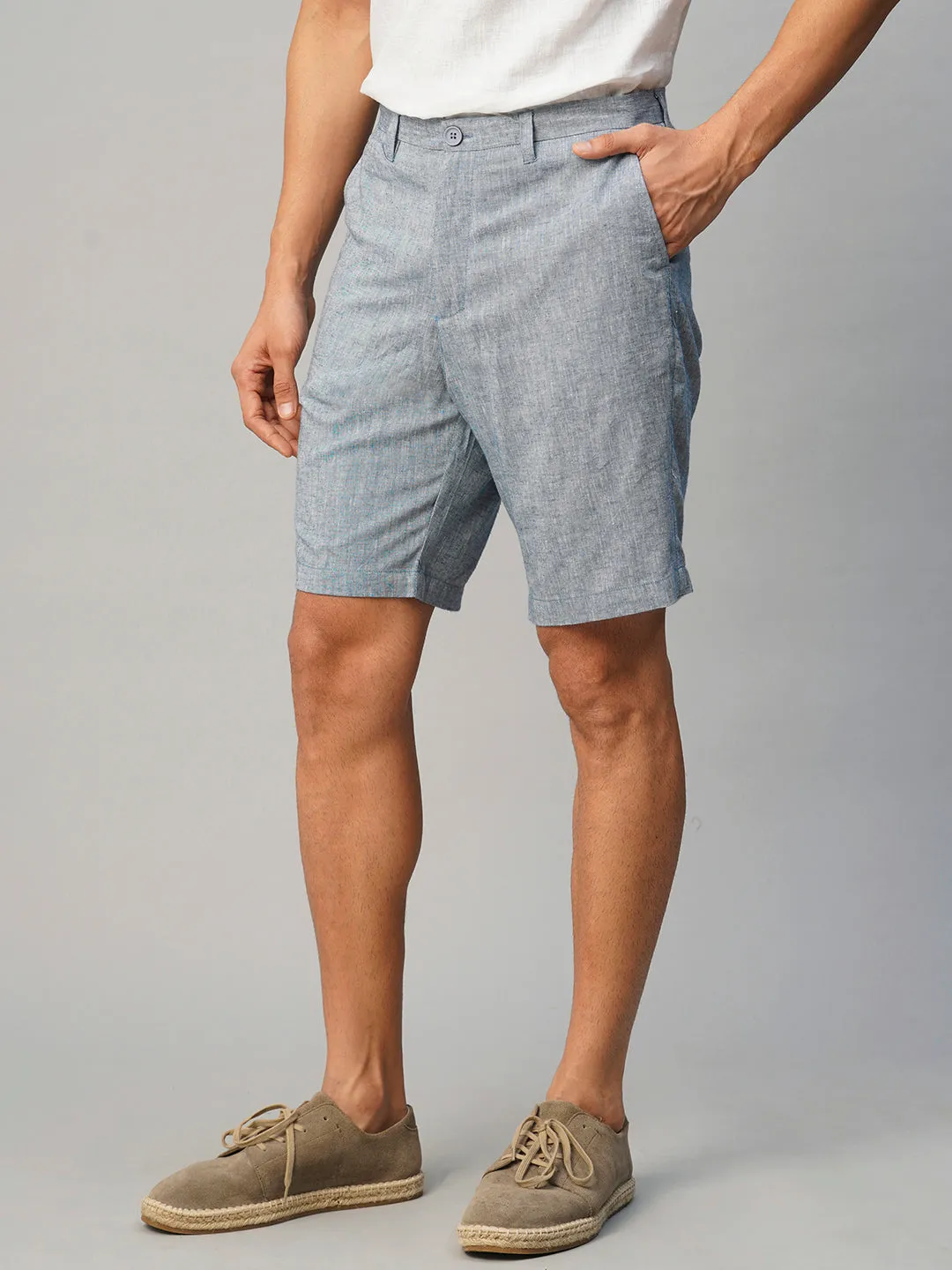 Men's Blue Linen Viscose Regular Fit Shorts