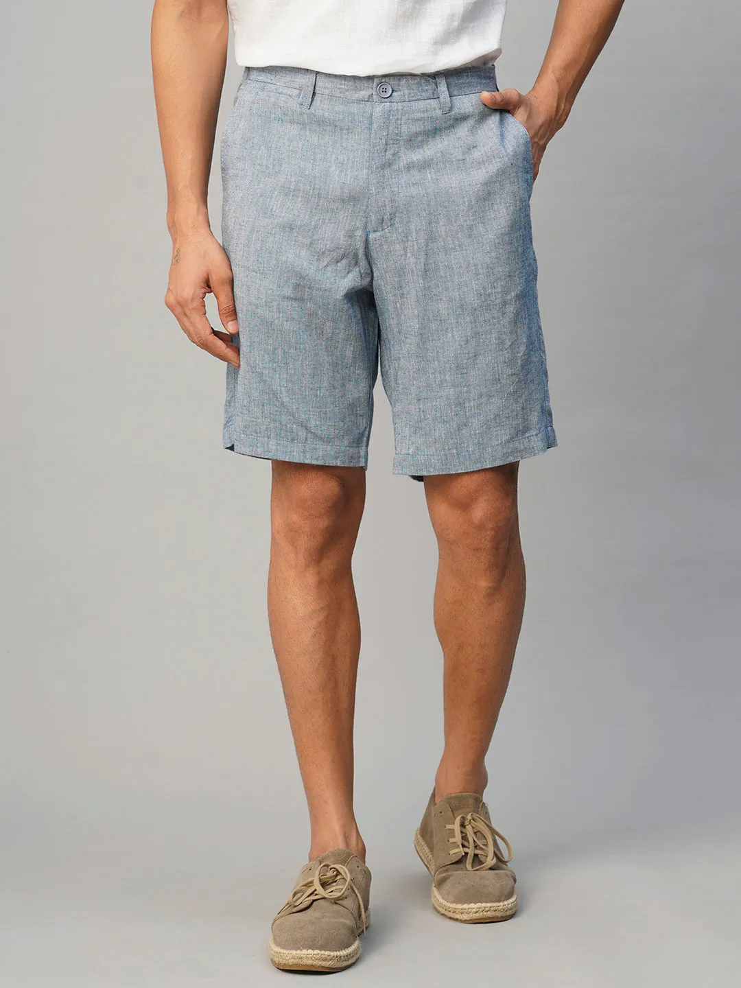 Men's Blue Linen Viscose Regular Fit Shorts