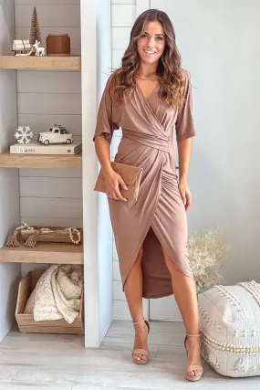 Mocha Asymmetrical Ruched Dress