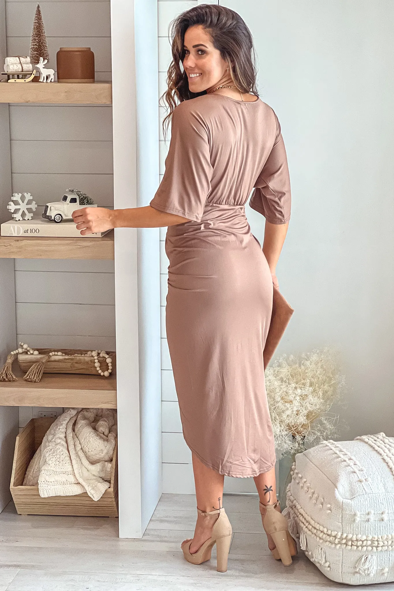 Mocha Asymmetrical Ruched Dress