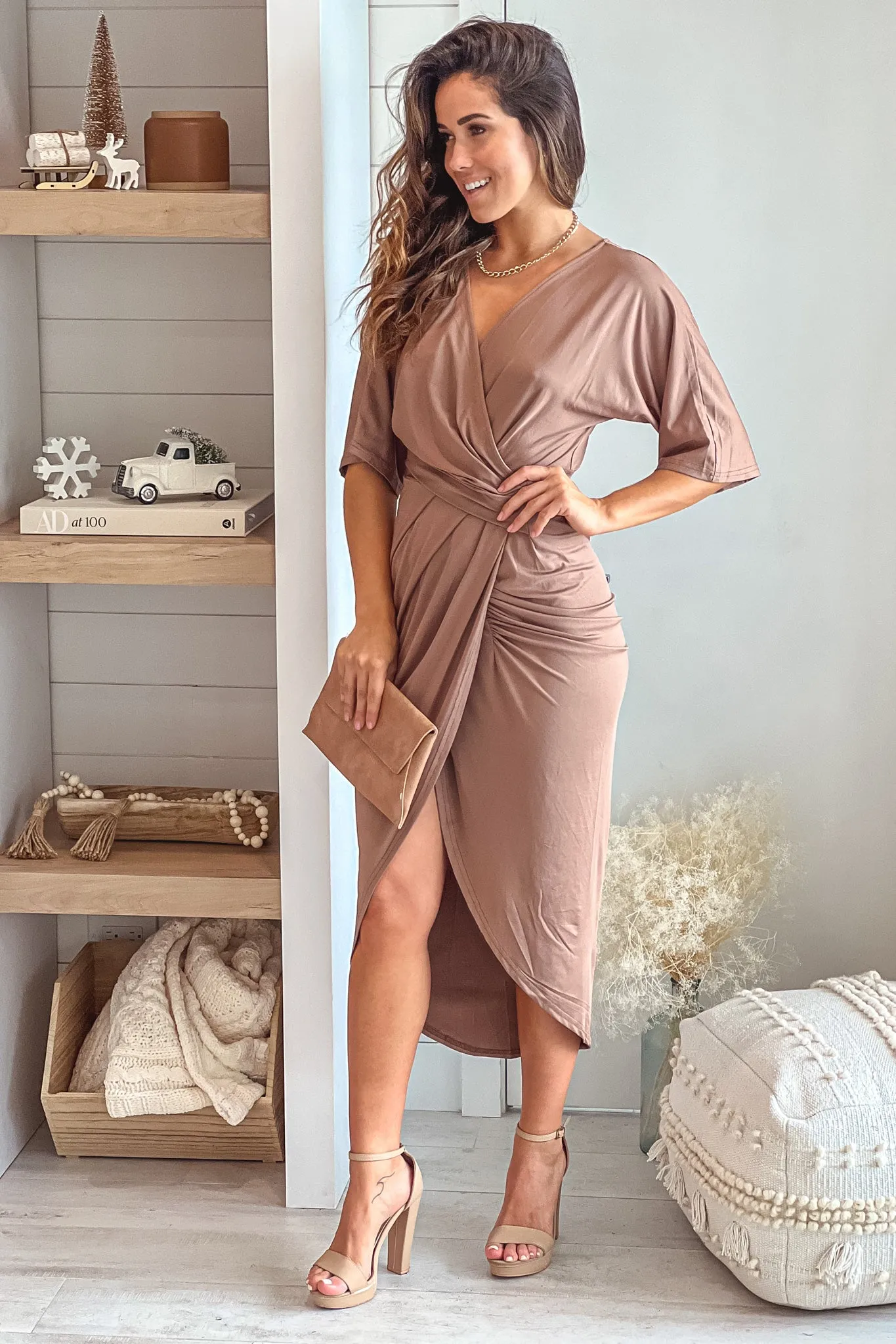 Mocha Asymmetrical Ruched Dress