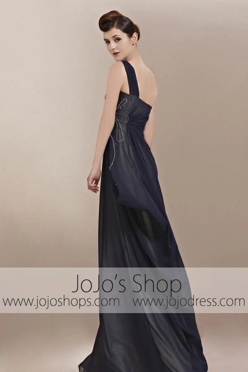 Navy Blue Grecian One Shoulder Goddess Military Evening Cocktail Dress CX830020