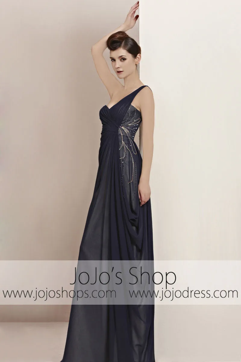 Navy Blue Grecian One Shoulder Goddess Military Evening Cocktail Dress CX830020