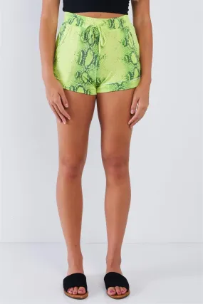 Neon Lime Snake Print Comfy Elastic Waist Draw String Lounge Shorts /3-2-1