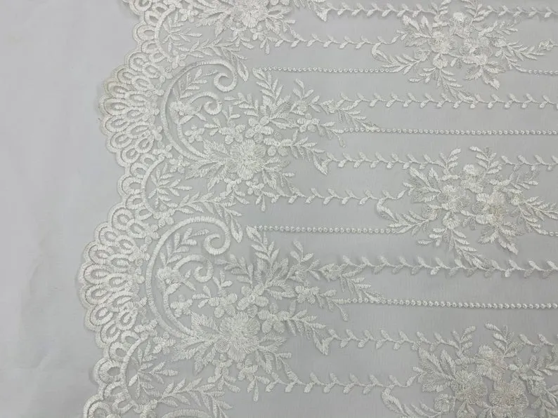 Of White Lace Fabric _ Embroidered Floral Flowers Lace on Mesh Fabric