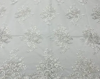 Of White Lace Fabric _ Embroidered Floral Flowers Lace on Mesh Fabric