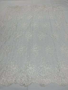 Of White Lace Fabric _ Embroidered Floral Flowers Lace on Mesh Fabric