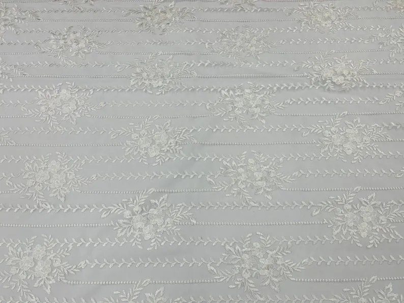 Of White Lace Fabric _ Embroidered Floral Flowers Lace on Mesh Fabric