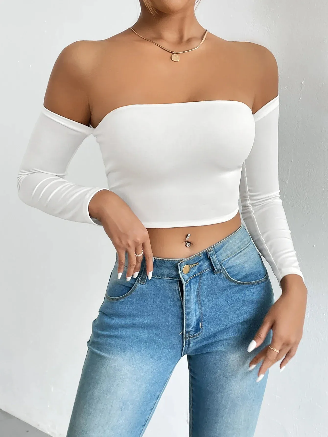 Off Shoulder Crop T-Shirt Long Sleeve Spring & Fall Crop Top