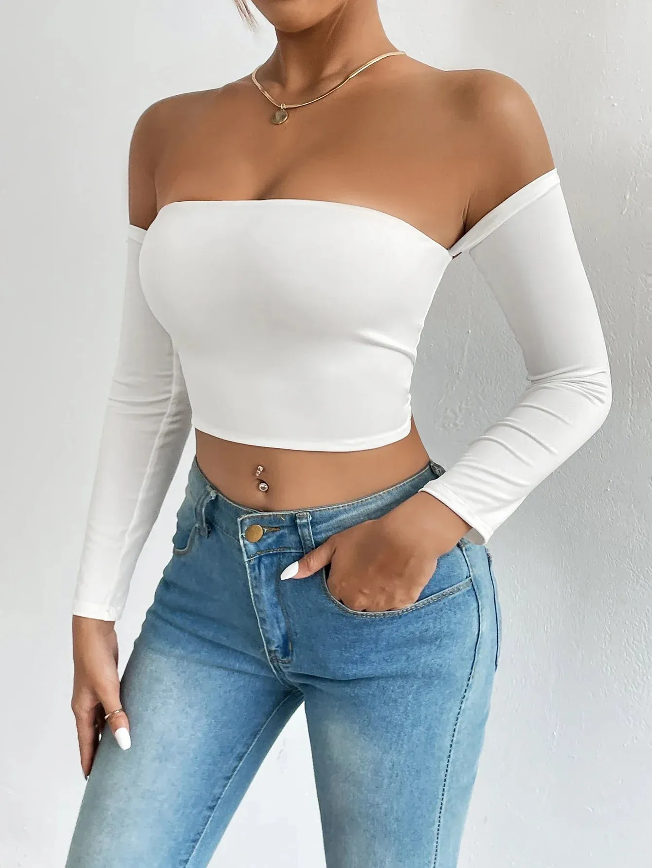 Off Shoulder Crop T-Shirt Long Sleeve Spring & Fall Crop Top