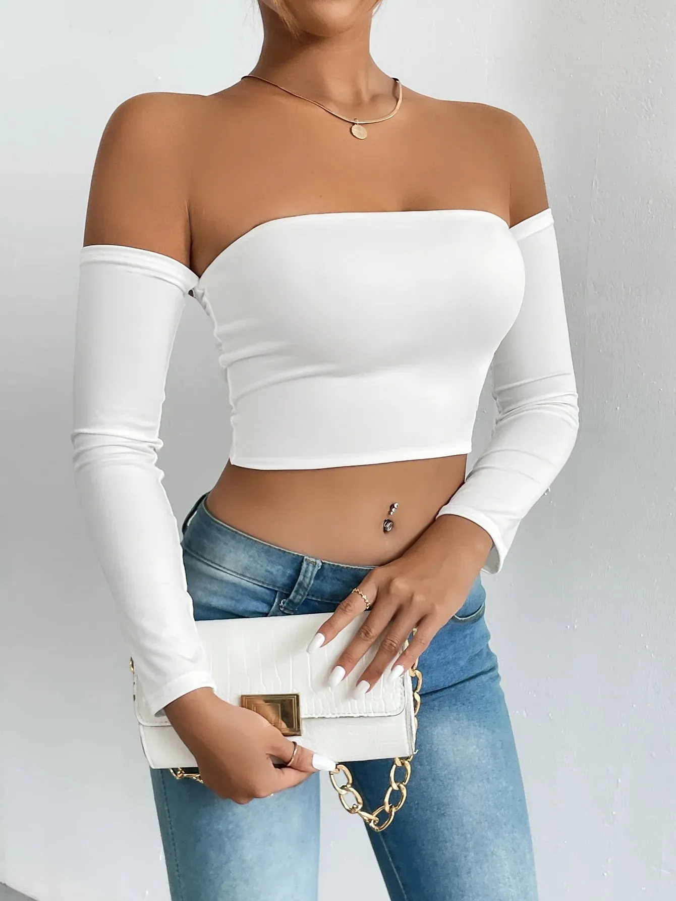 Off Shoulder Crop T-Shirt Long Sleeve Spring & Fall Crop Top