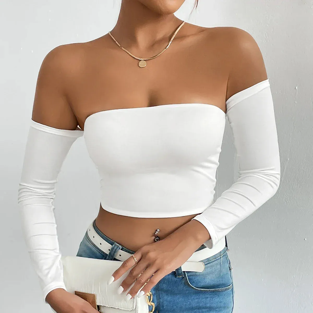 Off Shoulder Crop T-Shirt Long Sleeve Spring & Fall Crop Top