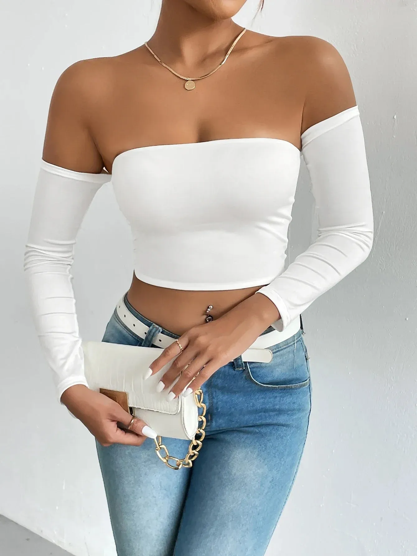 Off Shoulder Crop T-Shirt Long Sleeve Spring & Fall Crop Top