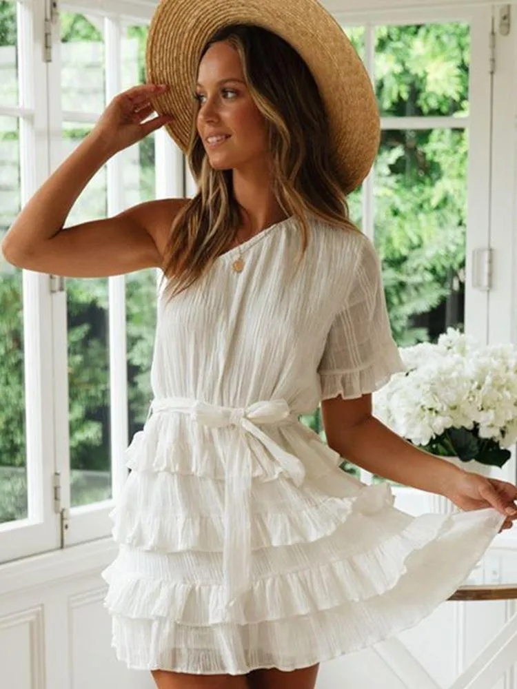 One Shoulder Waist Tie White Casual Dress