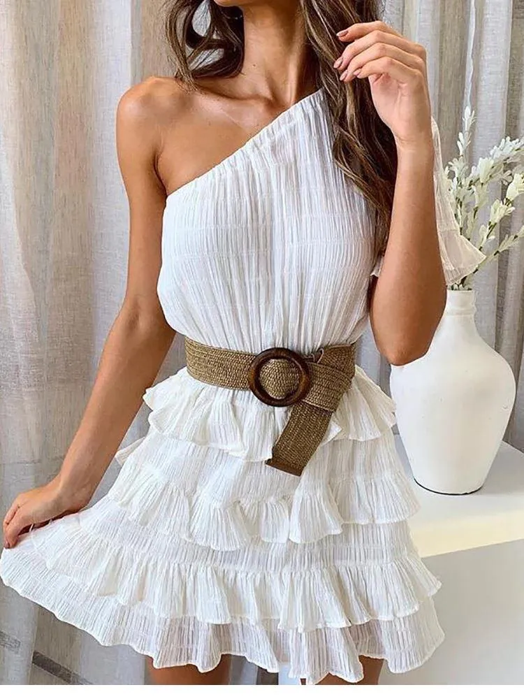 One Shoulder Waist Tie White Casual Dress