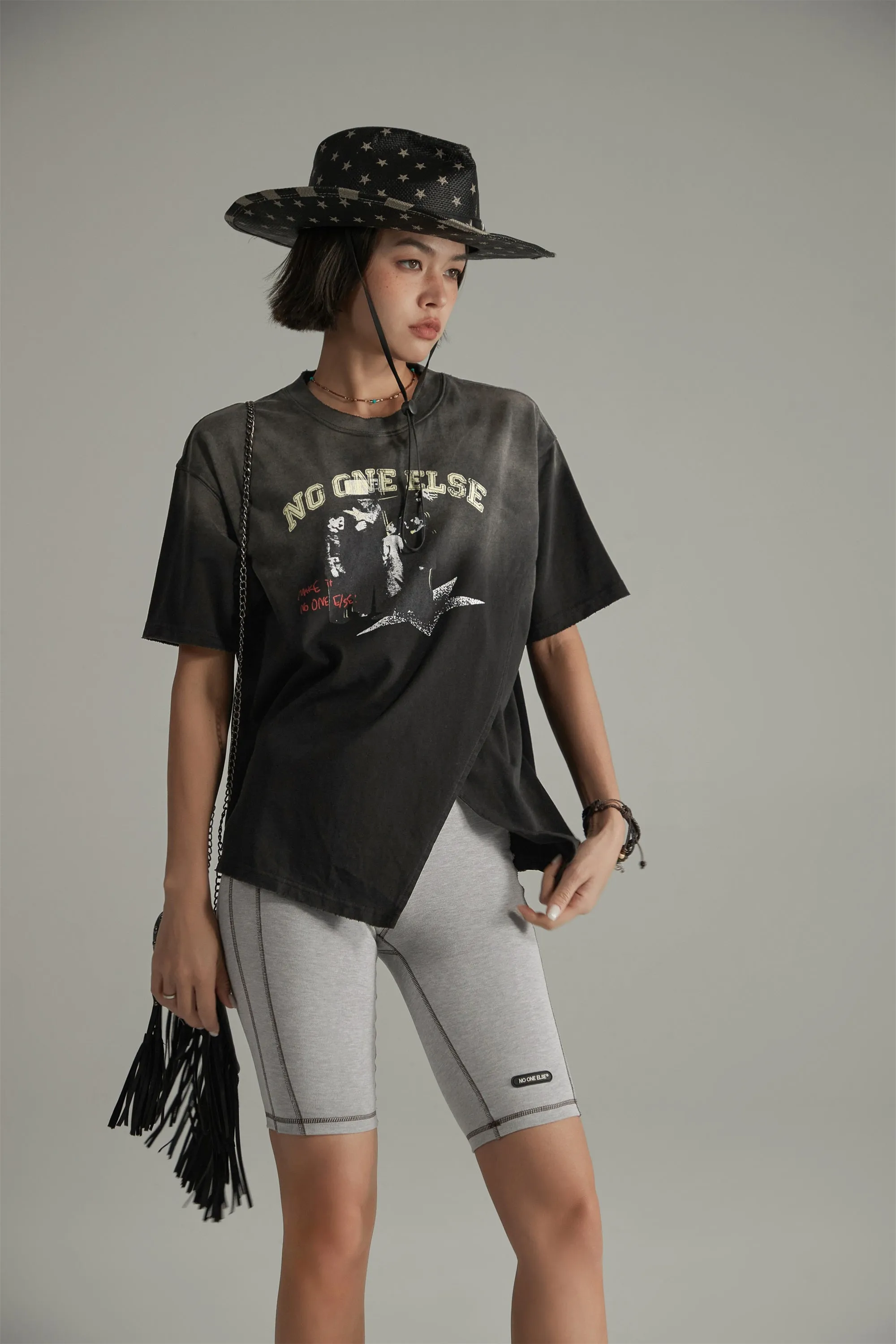 Printed Slit Asymmetrical T-Shirt