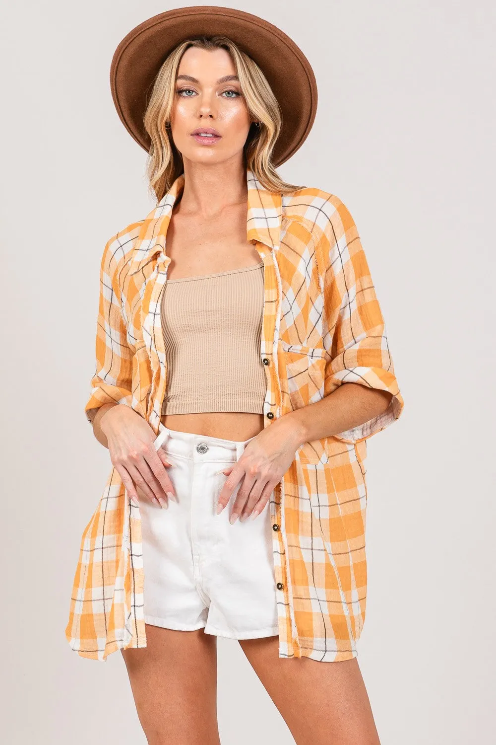 SAGE   FIG Plaid Button Up Side Slit Shirt