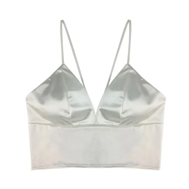 Sexy Satin Crop Tops Women Wireless Bralette Crochet Top Female Spaghetti Strap T-shirt Cropped With Chest Padded Camisole