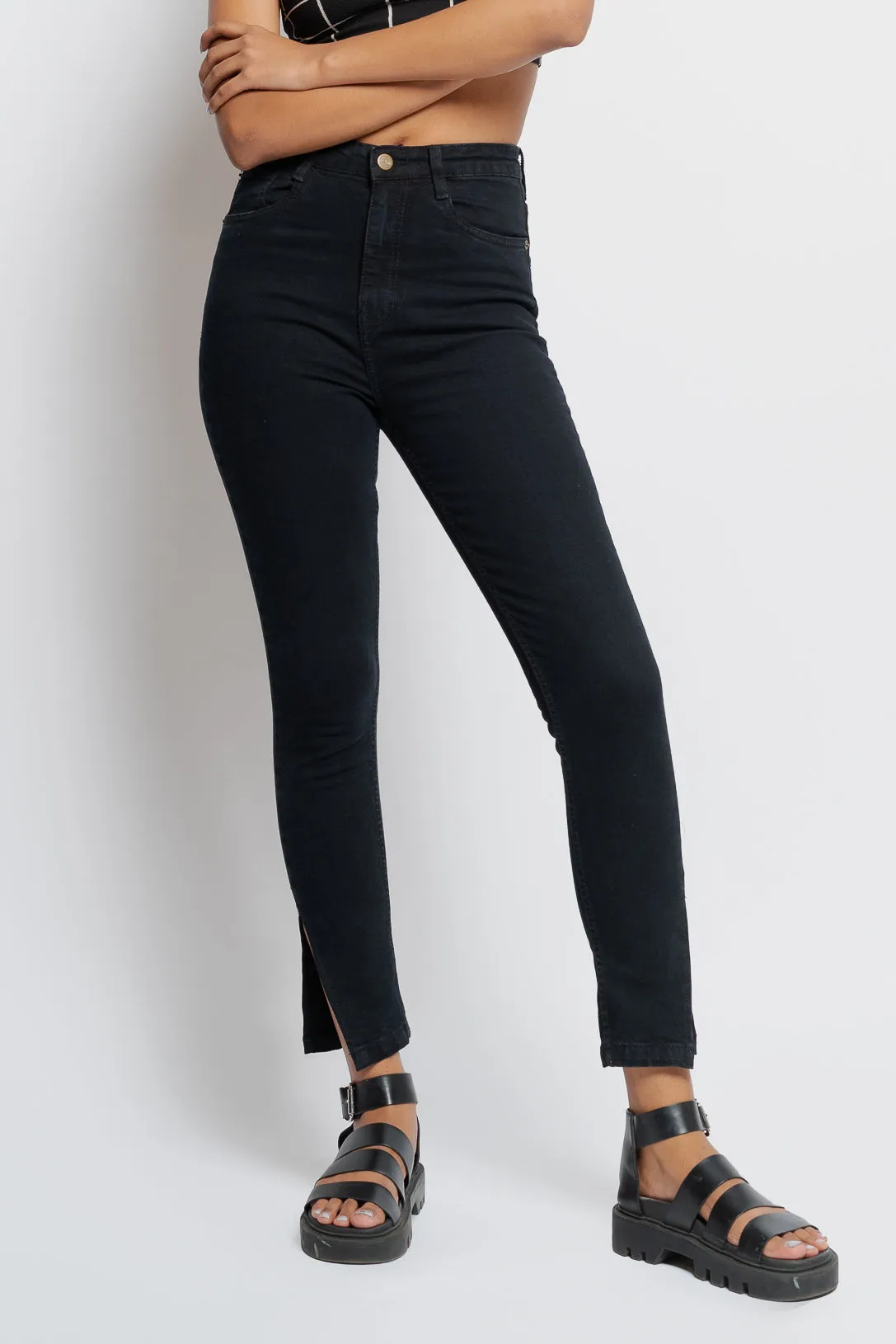 Side Slit Black Skinny Jeans