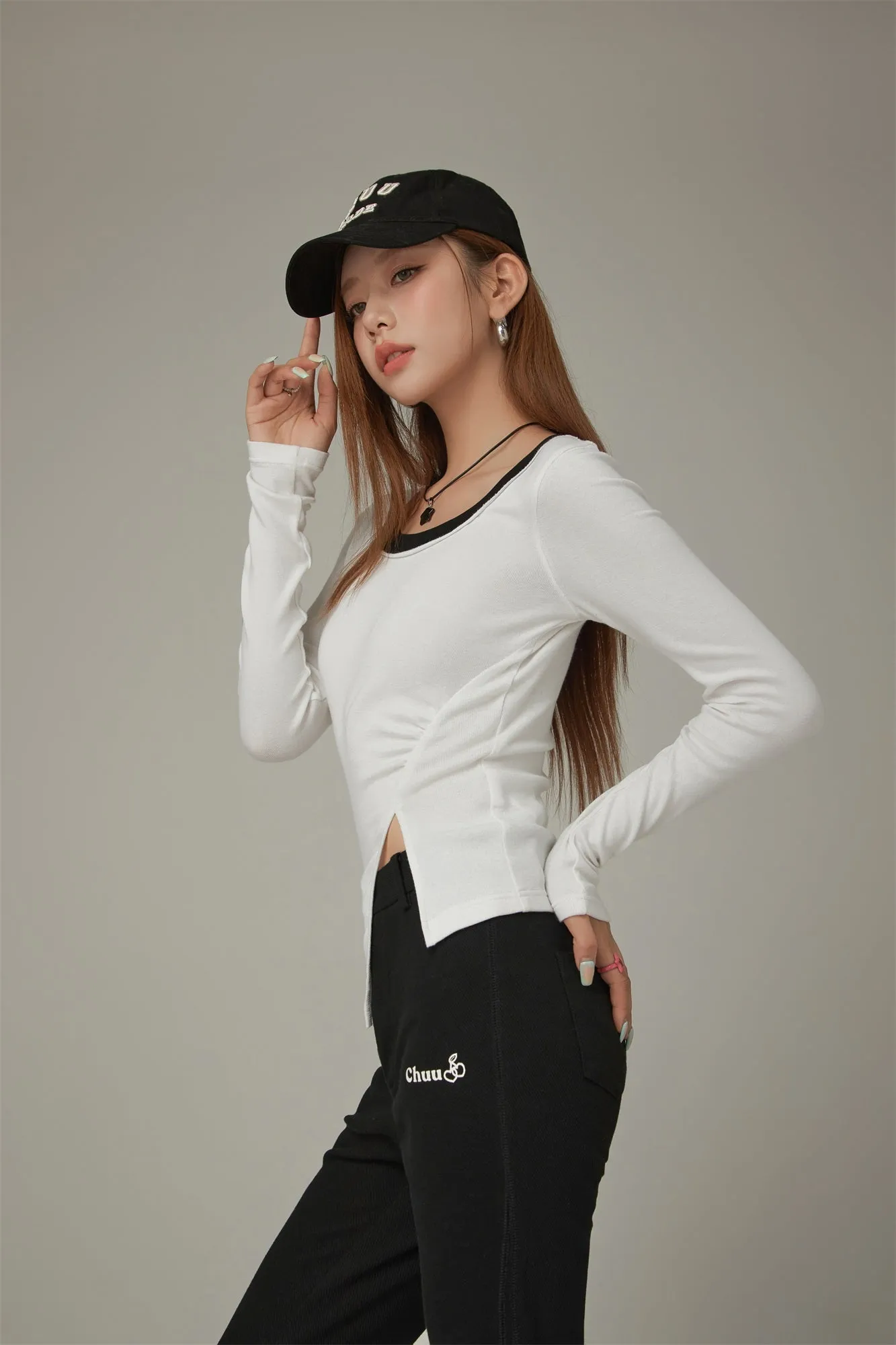 Slit Long Sleeve Simple T-Shirt